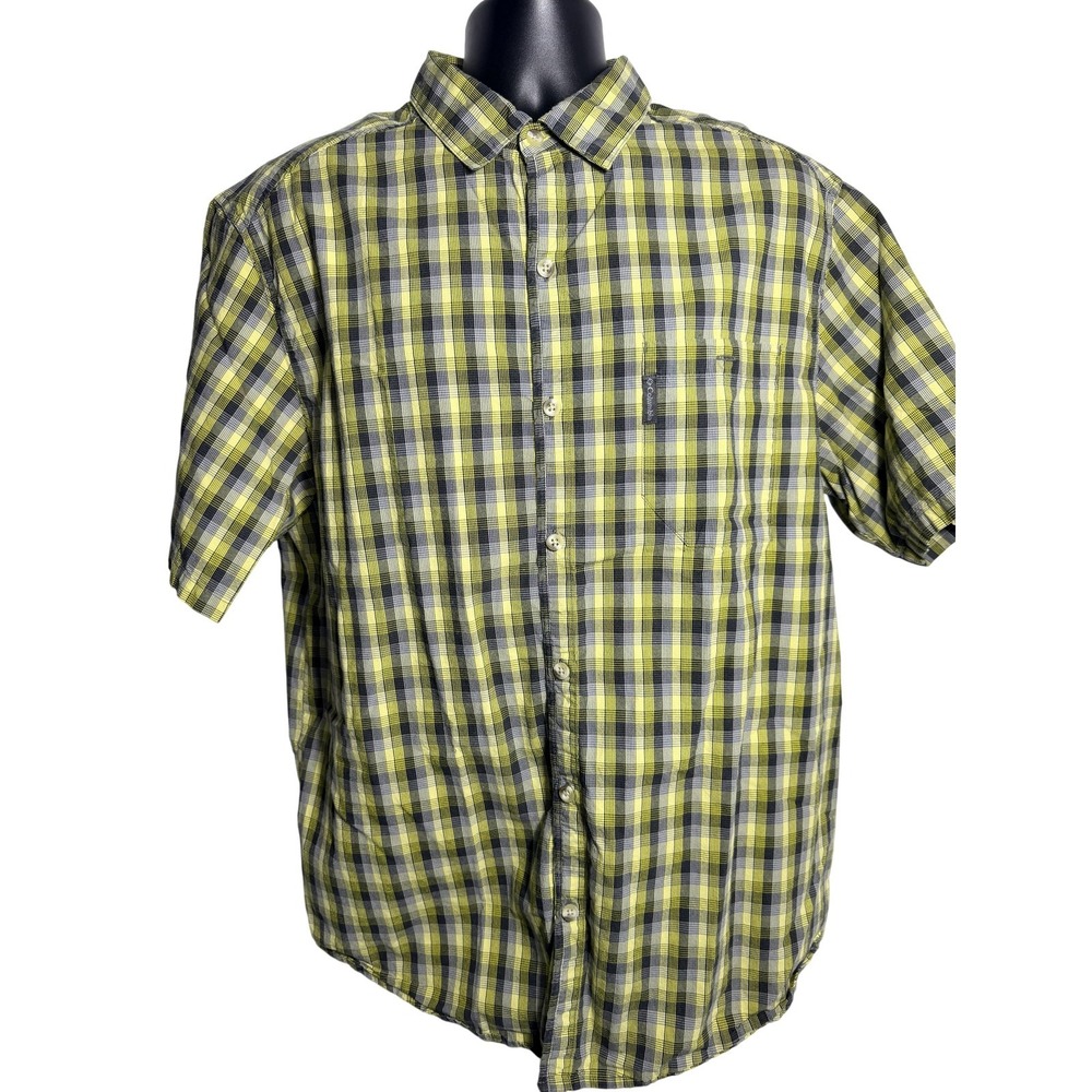 Columbia Shirt Mens XL Yellow Gray Plaid‎ Short Sleeve Button Up Cotton Casual